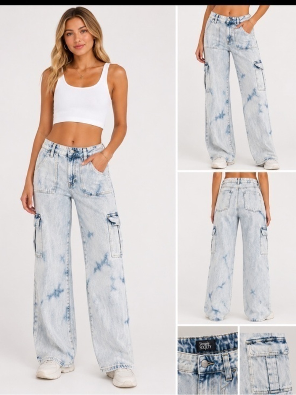 New Simple Society Light Wash Cargo Jeans Size 7/28 Y2K Wide Leg Denim